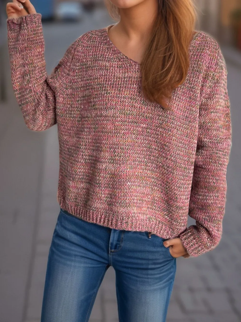Heathered V-Neck Long Sleeve Sweater, image 2