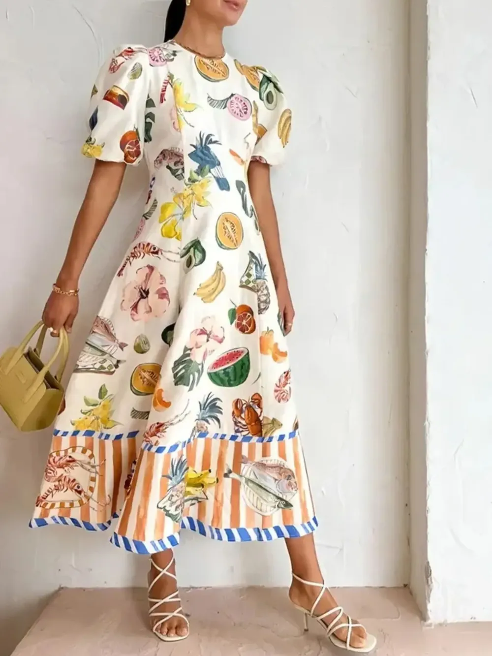 Printed Round Neck Puff Sleeve Dress