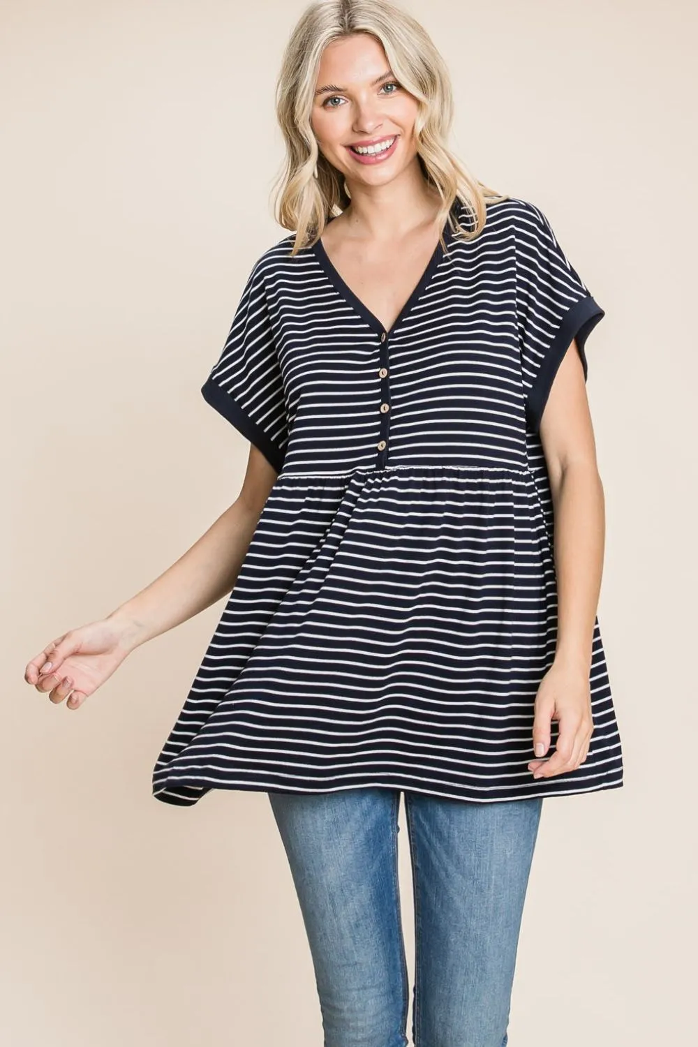 Cotton Bleu by Nu Label Striped Button Front Baby Doll Top, image 4