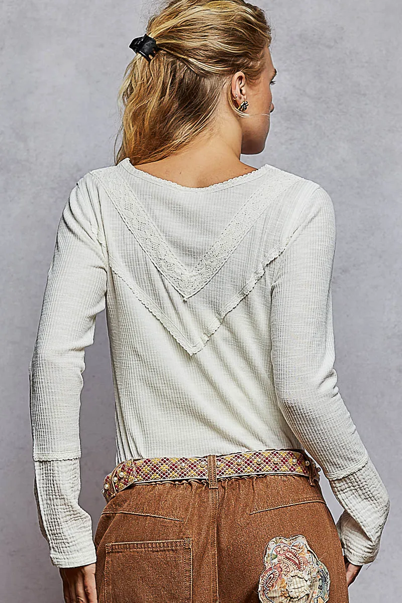 Ribbed Half Button Lace Detail Knit Top, image 3