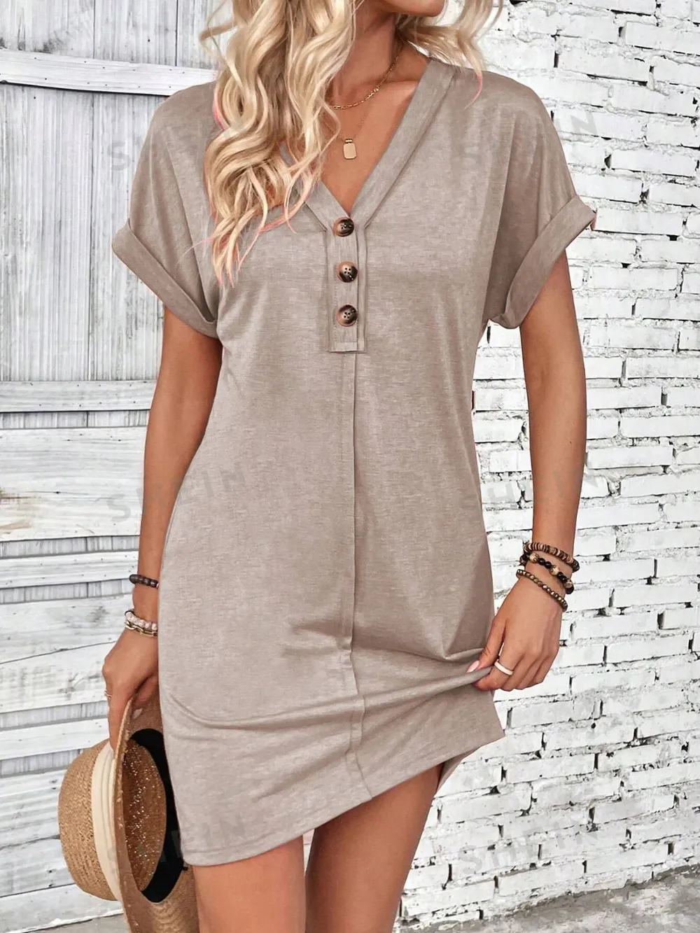Quarter Button V-Neck Short Sleeve Dress, image 19