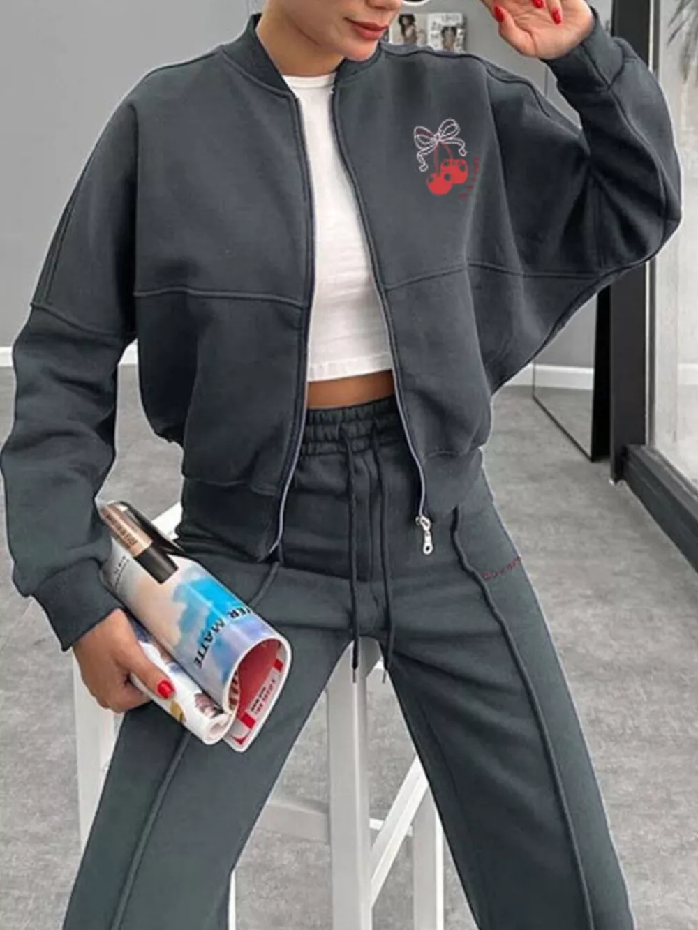 Zip Up Dropped Shoulder Outerwear and Pants Set, image 17