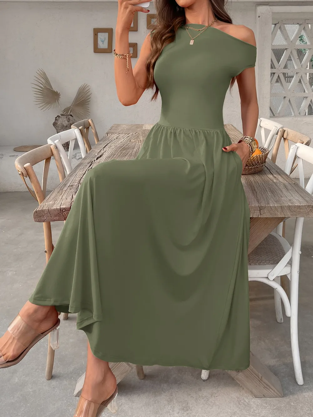 Single Shoulder Midi Dress with Pockets, image 22