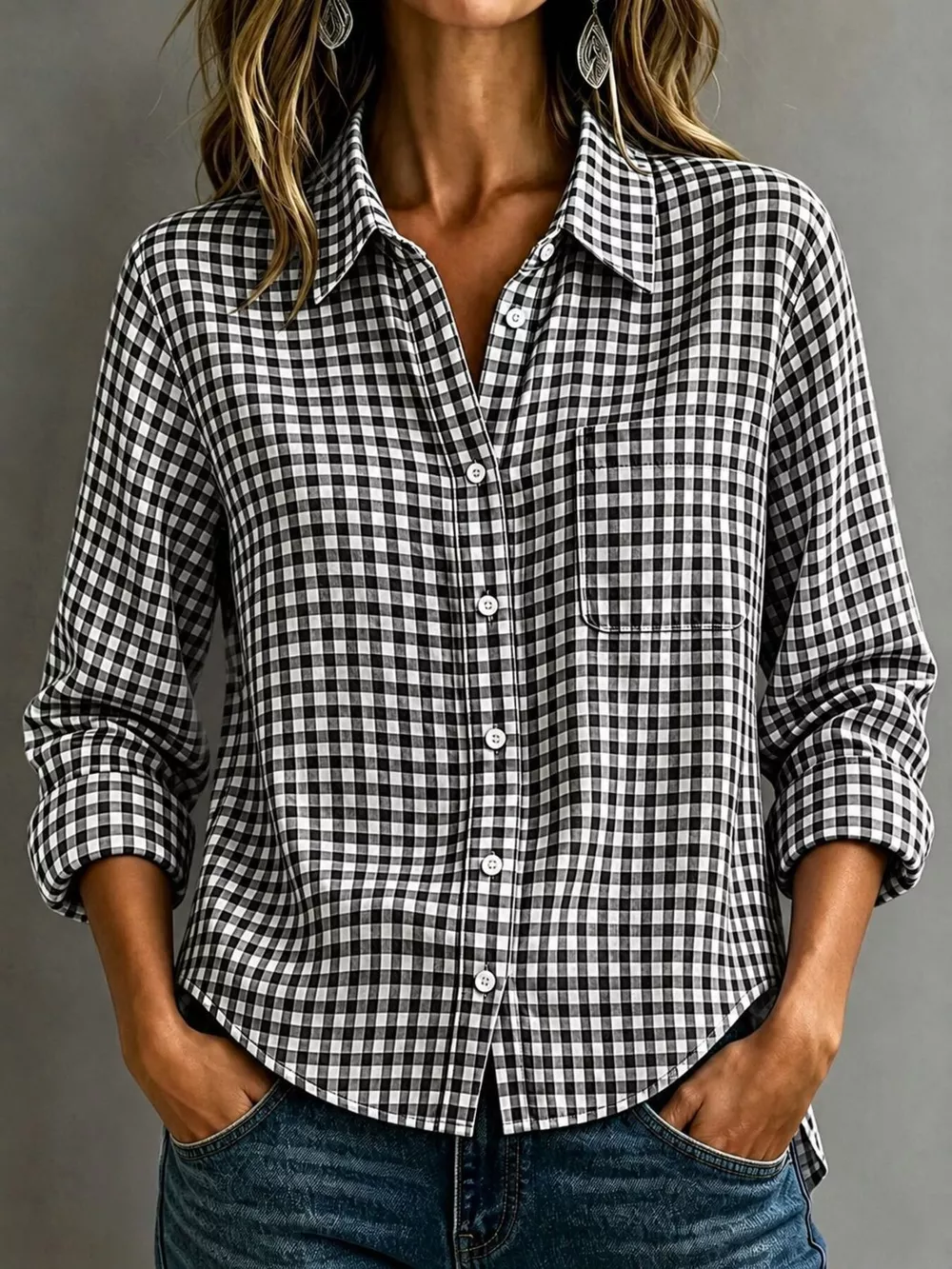 Gingham Button-Down Long Sleeve Shirt, image 7