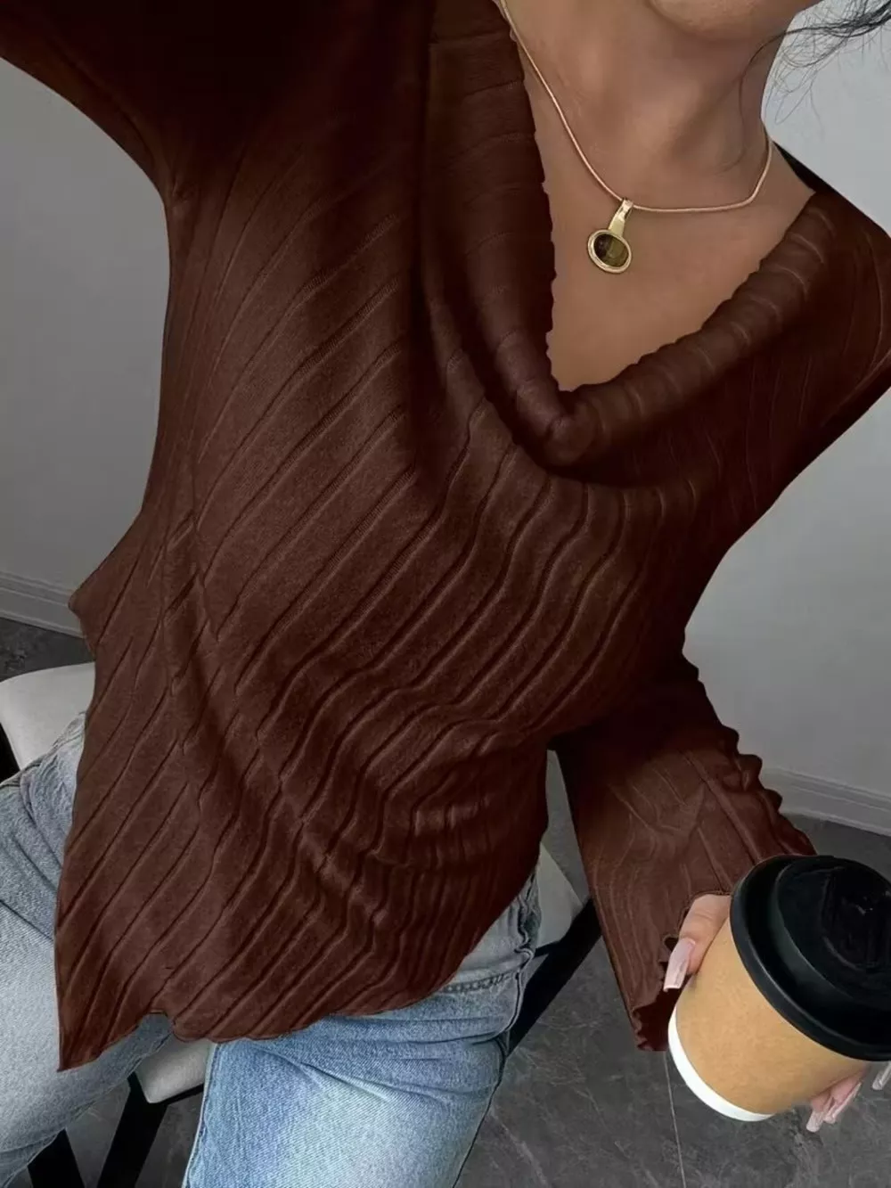Cowl Neck Ribbed Knit Top, image 6
