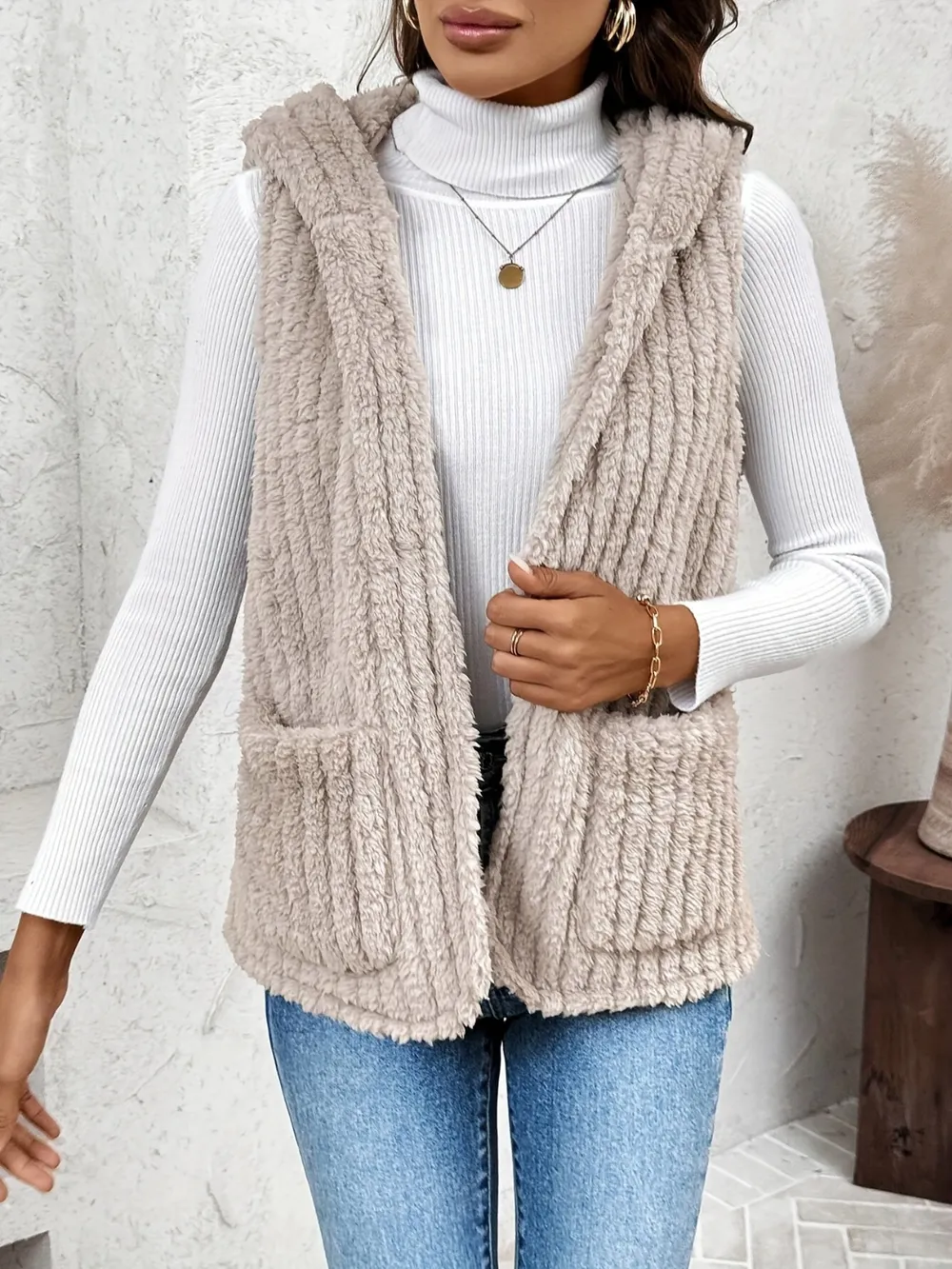 Fuzzy Hooded Vest with Pockets, image 3