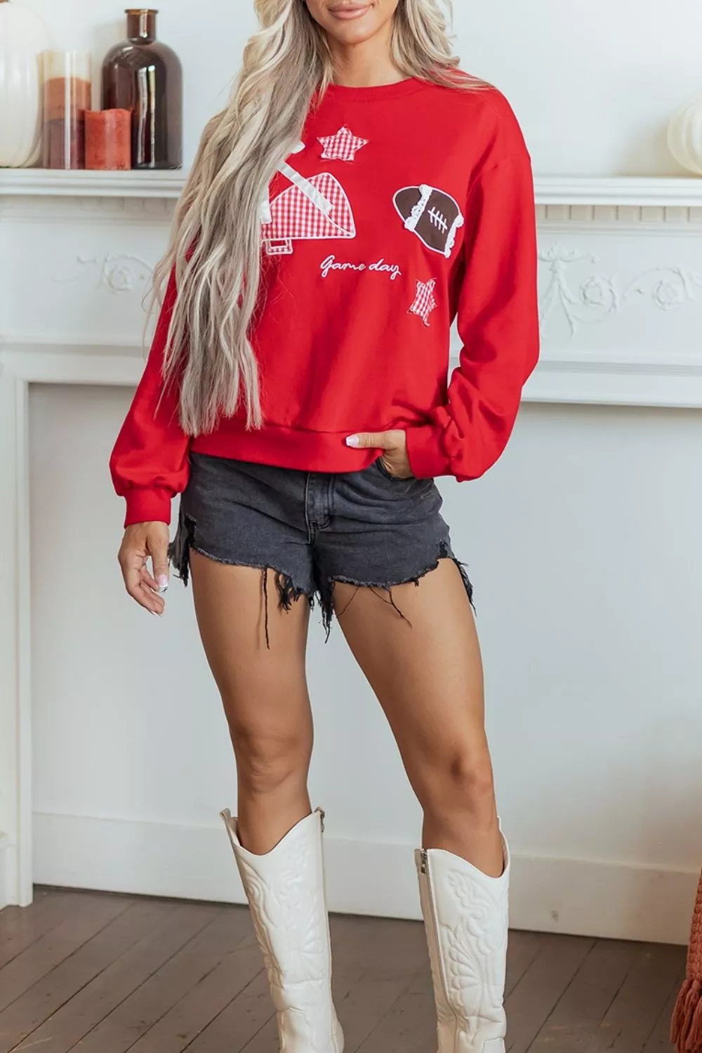 Gingham Patch Embroidered Rugby Game Day Stars Sweatshirt, image 3