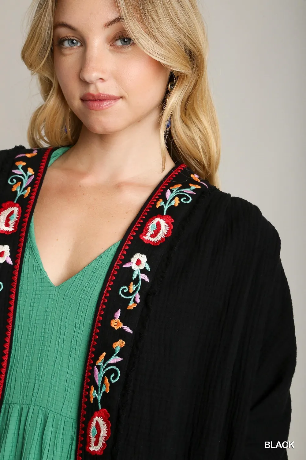 Embroidery Open Front Kimono with Pleated Shoulder Detail, image 4