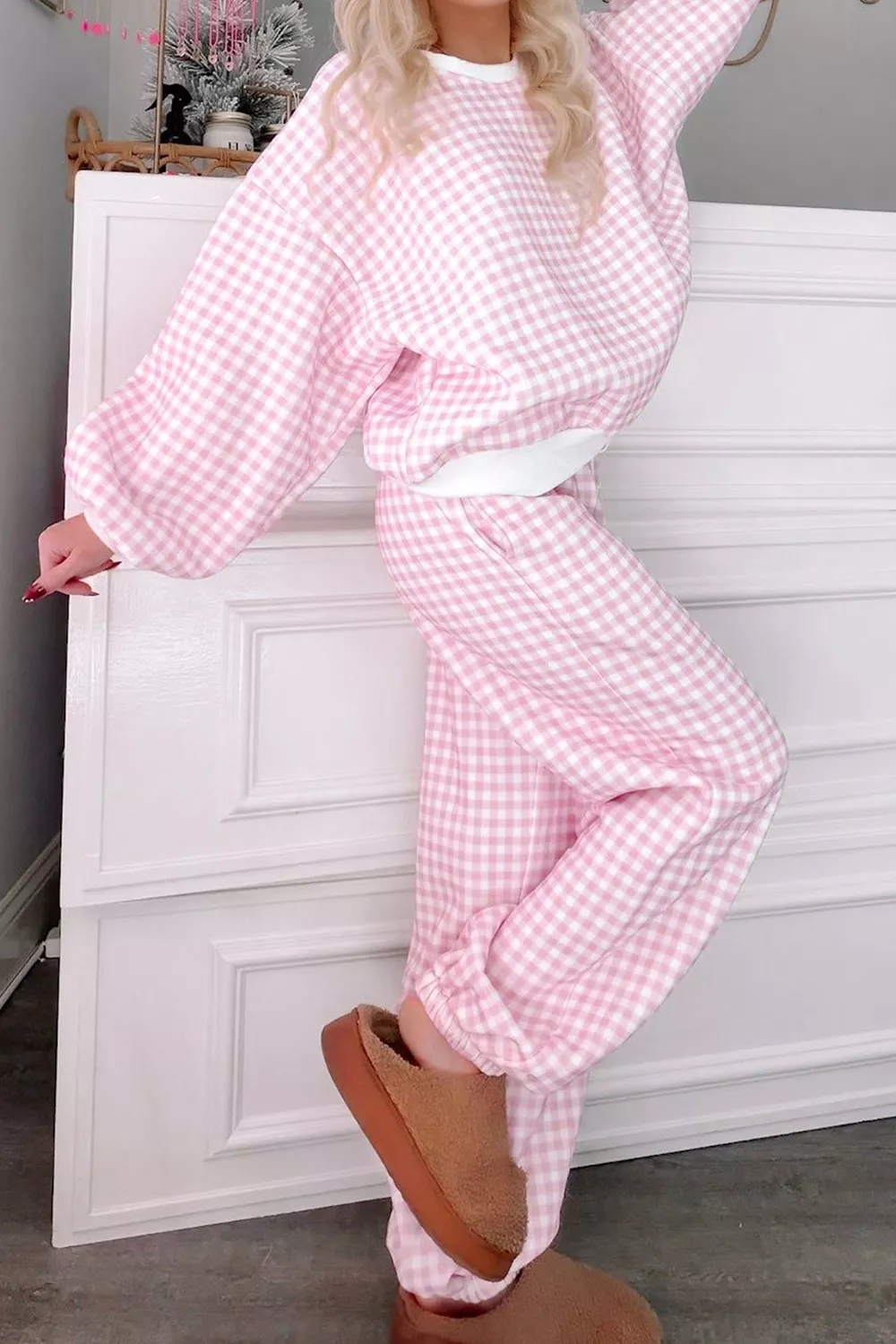 Gingham Round Neck Top and Pants Set, image 2