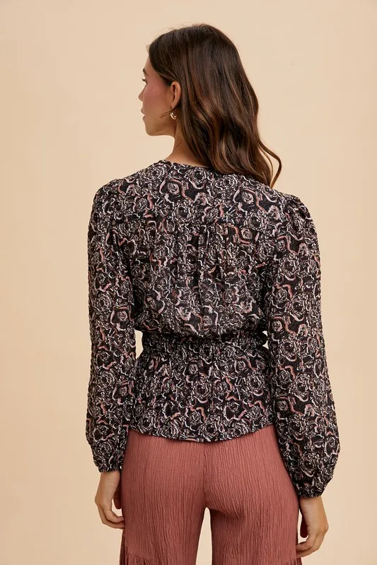 Abstract Print Balloon Sleeve Peplum Blouse, image 3