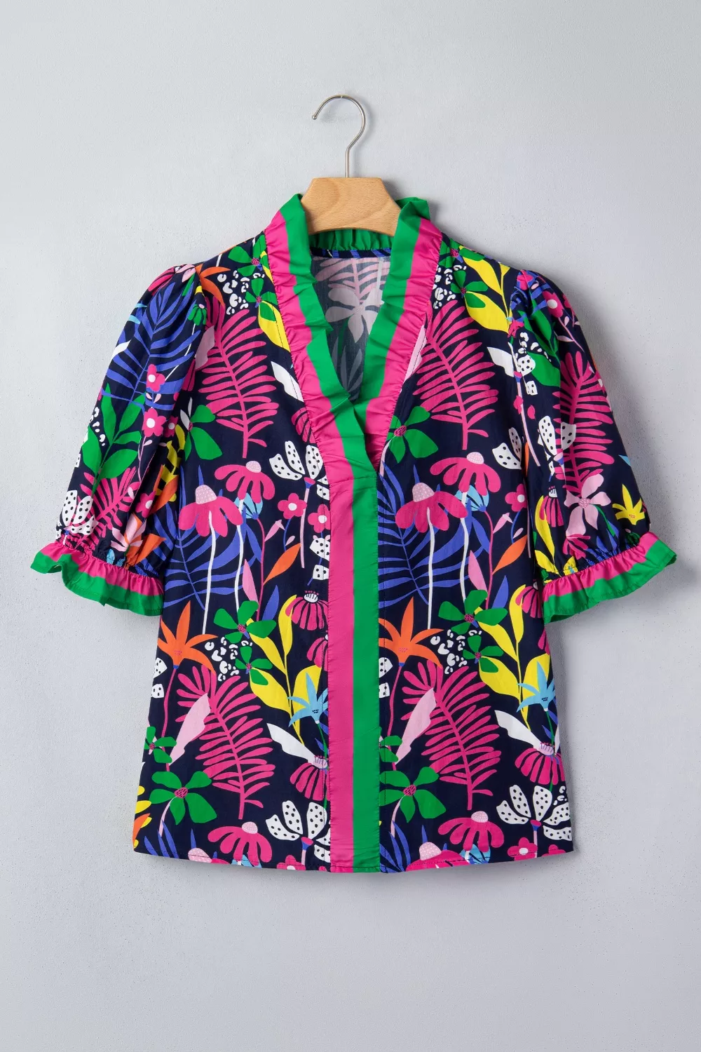 Floral Print Frilled Contrast Striped Trim V Neck Short Sleeve Blouse, image 3