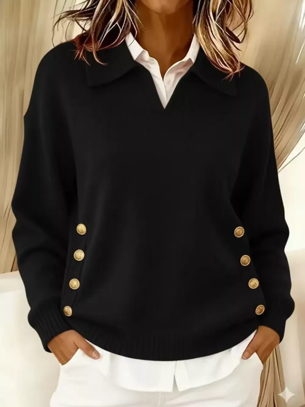 Full Size Decorative Button Dropped Shoulder Sweater Plus Size