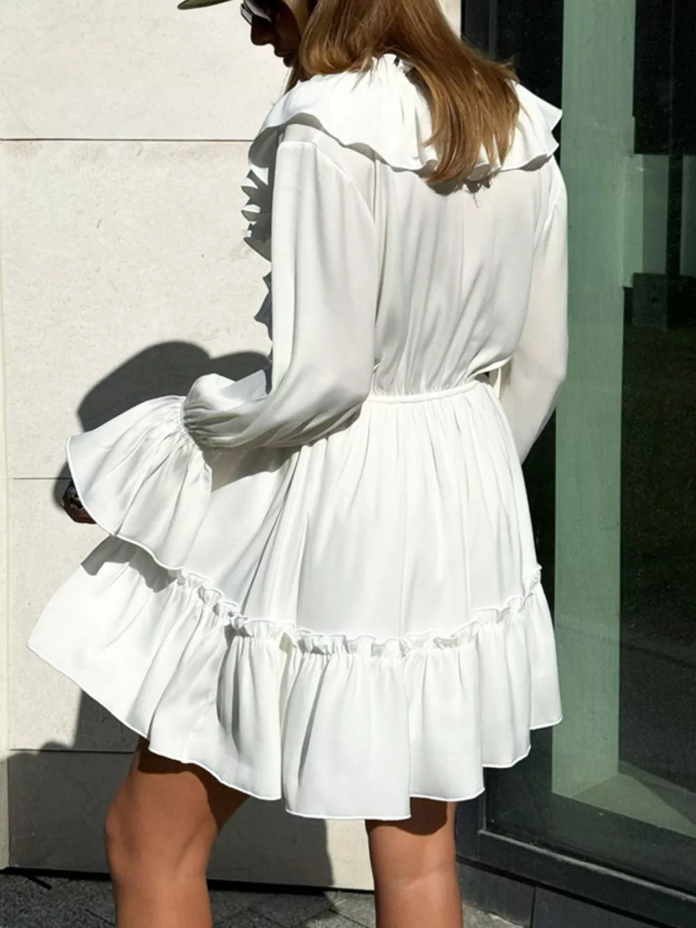 Ruffled V-Neck Long Sleeve Mini Dress, image 3