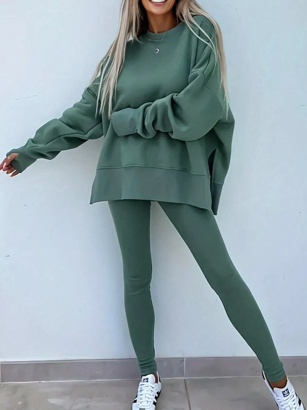 Solid Color Oversize Slit Sweatshirt and Ribbed Leggings 2pcs Set, image 6