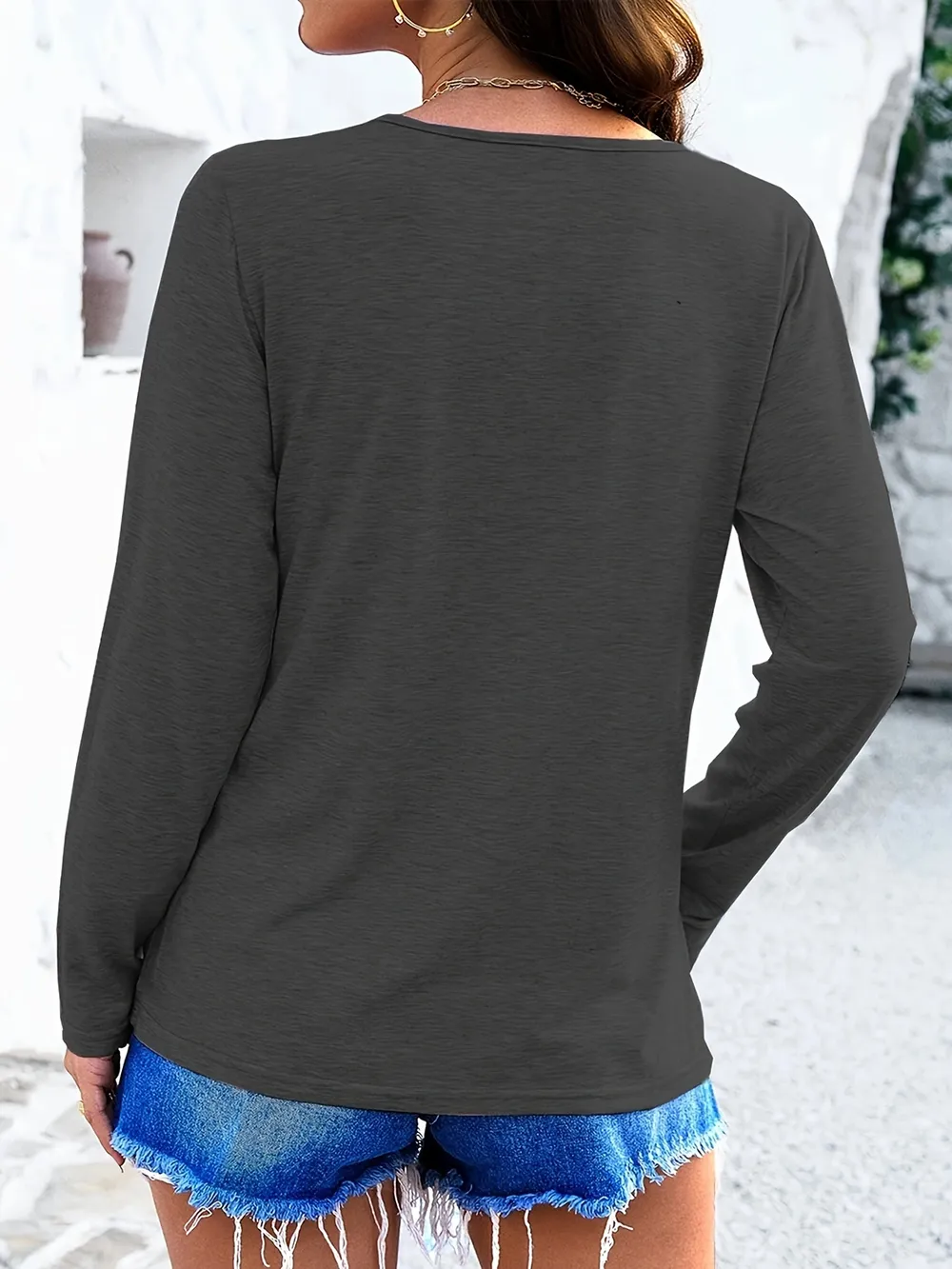 Crisscross V-Neck Long Sleeve T-Shirt, image 3