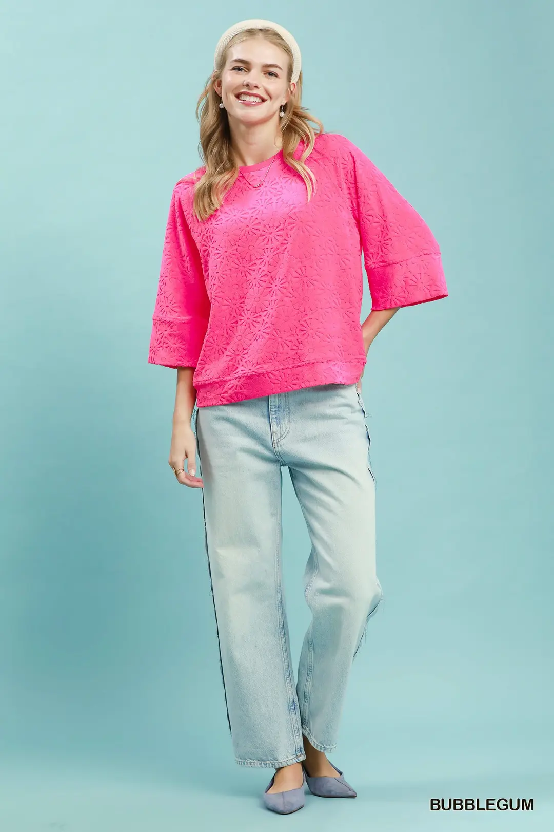 Round Neck Textured Floral Terry Blouse, image 6