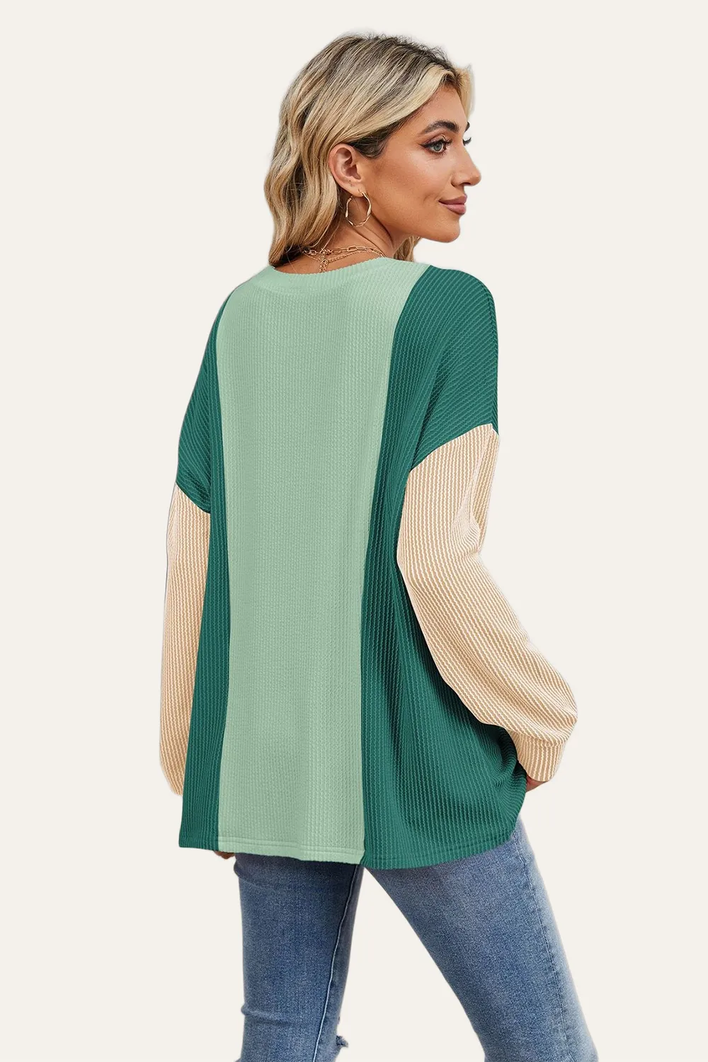 Texture Contrast Round Neck Long Sleeve T-Shirt, image 7