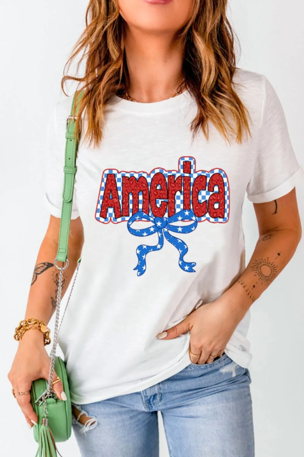 Funky America Letter Bow Round Neck T Shirt, image 3