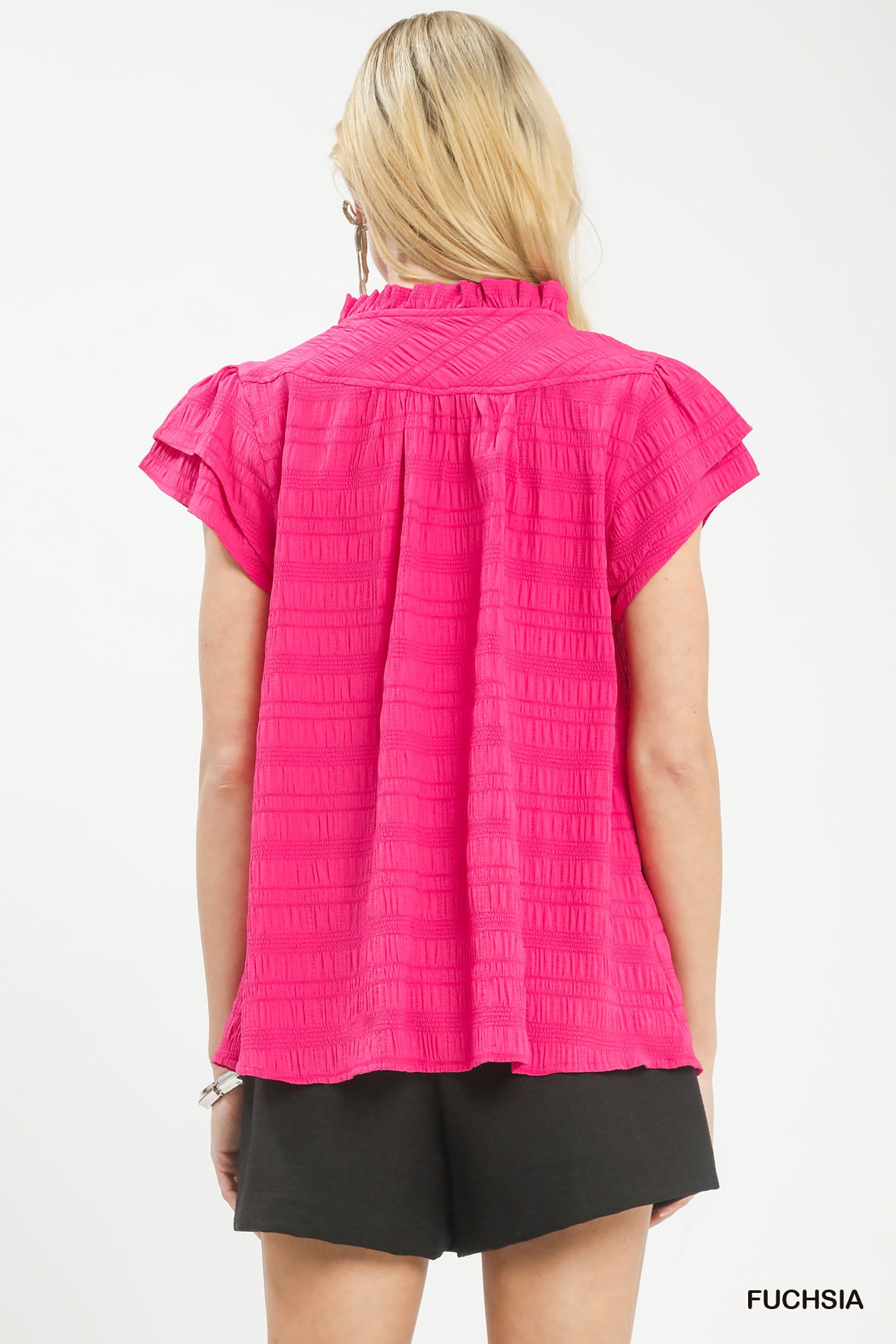 Textured Flutter Sleeve Split Neck Top, image 3