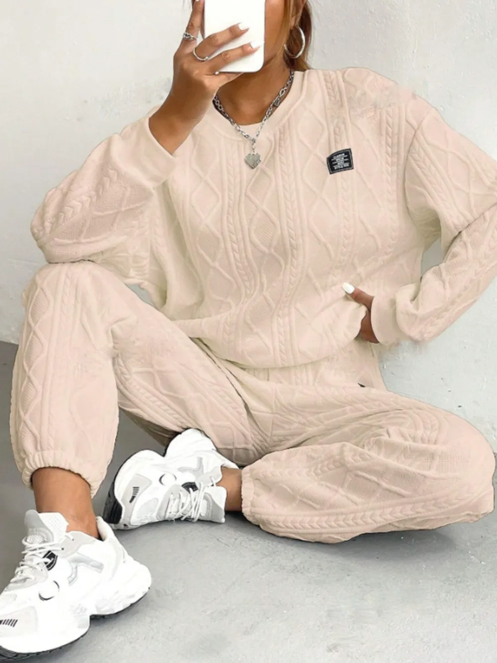 Texture Round Neck Long Sleeve Top and Pants Set, image 11