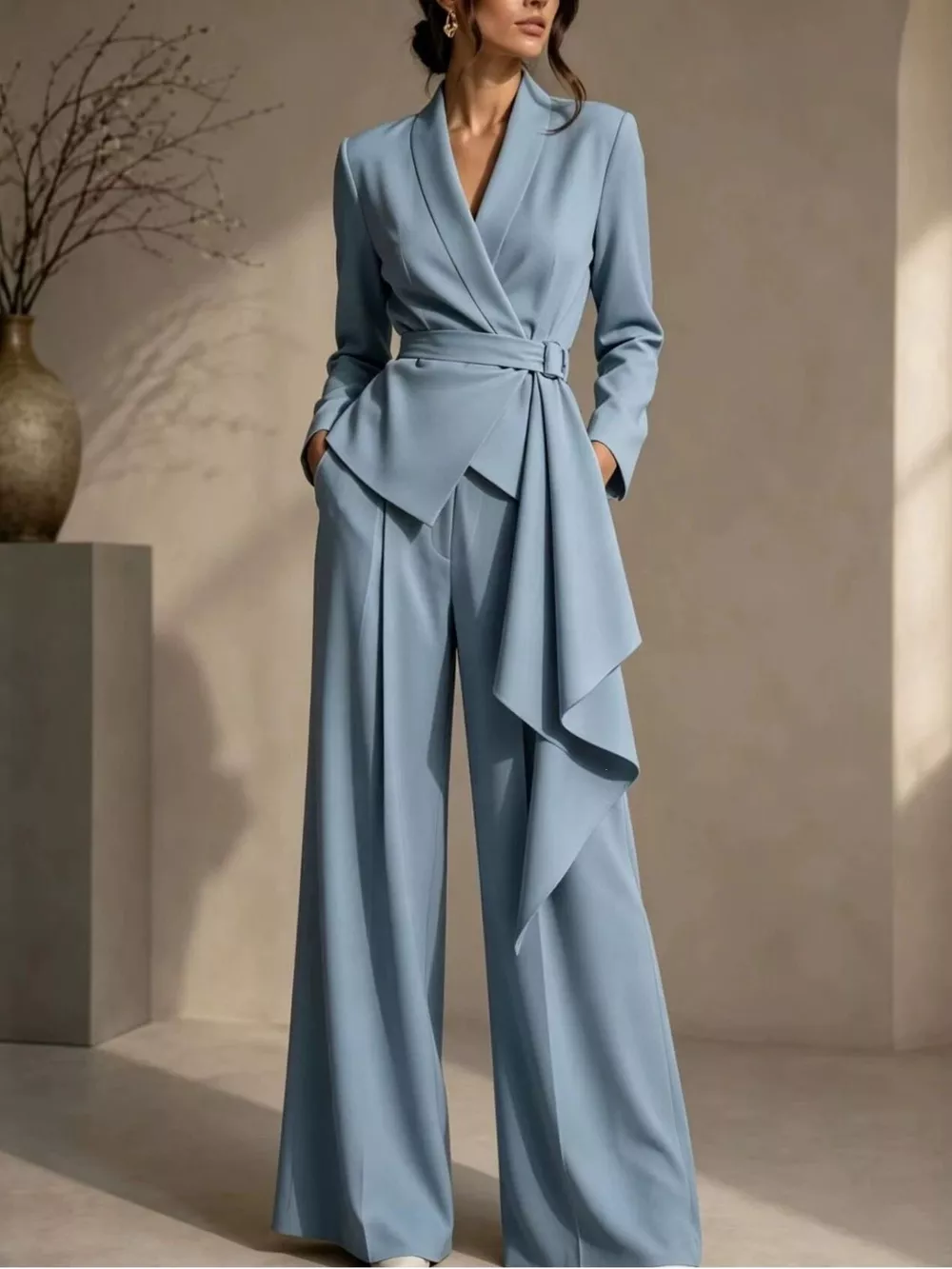 Full Size Belted Blazer and Wide-Leg Pants Set Plus Size, image 7