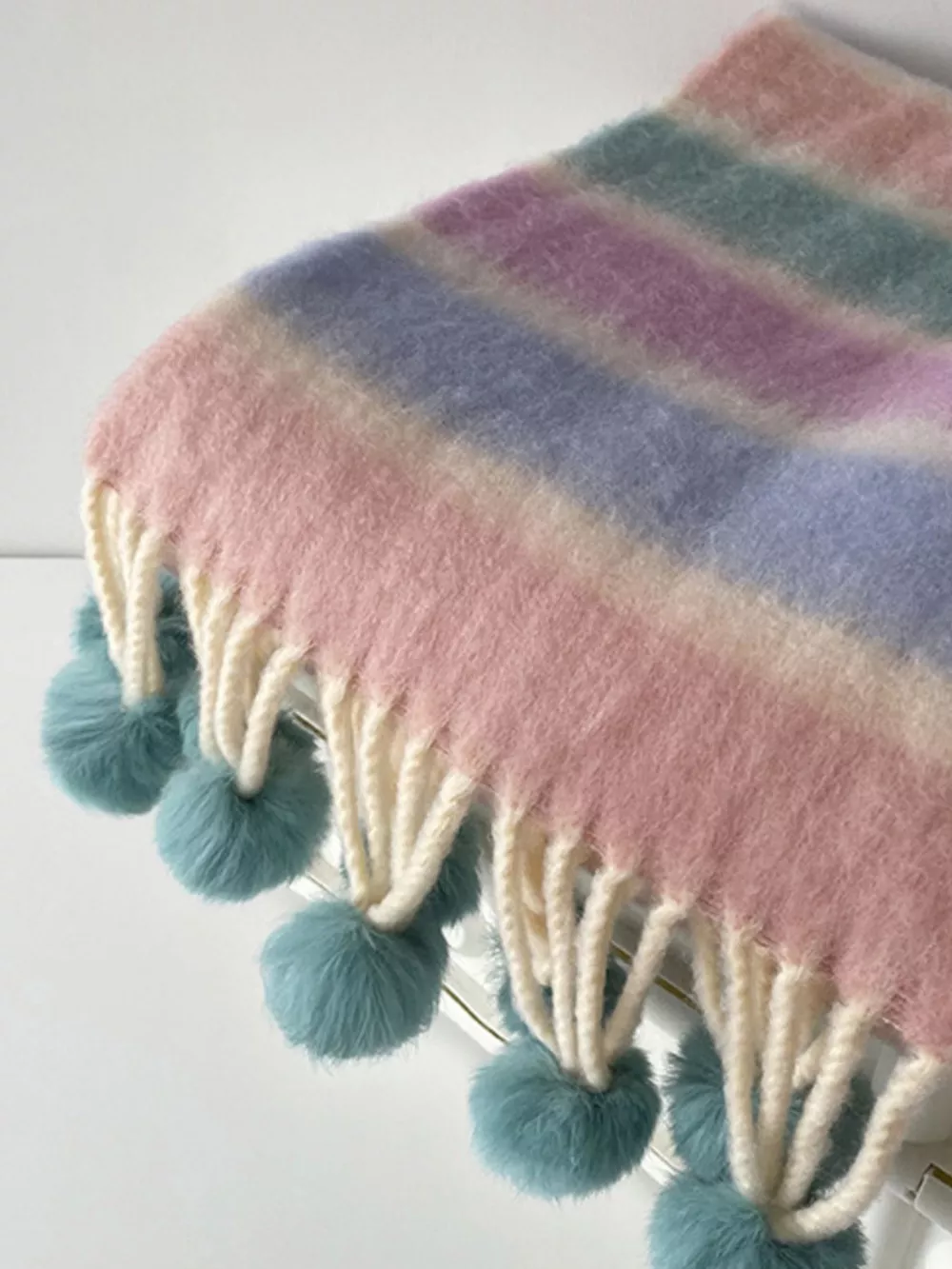 Rainbow Striped Fuzzy Scarf with Pom-Poms, image 6