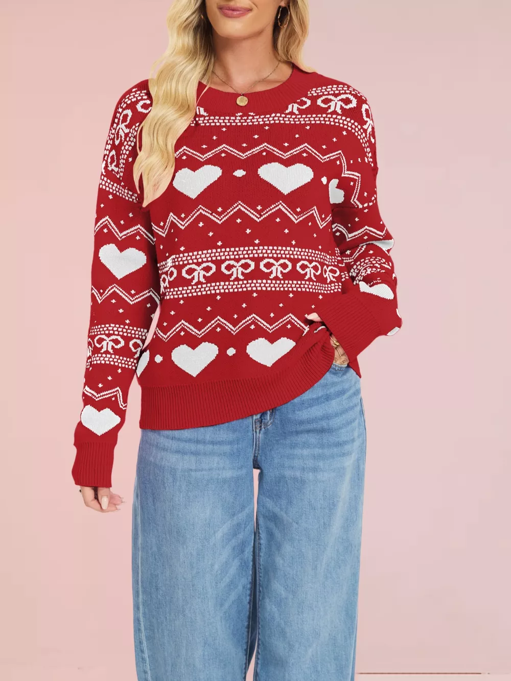 Heart & Bow Pattern Round Neck Sweater, image 3