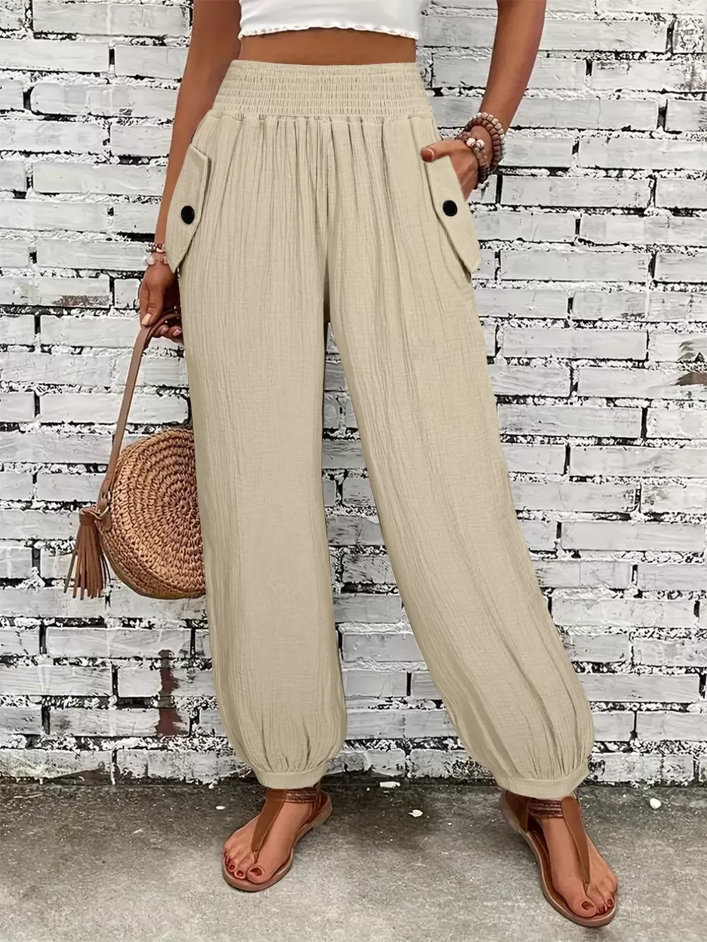Smocked Textured Casual Pants, image 11