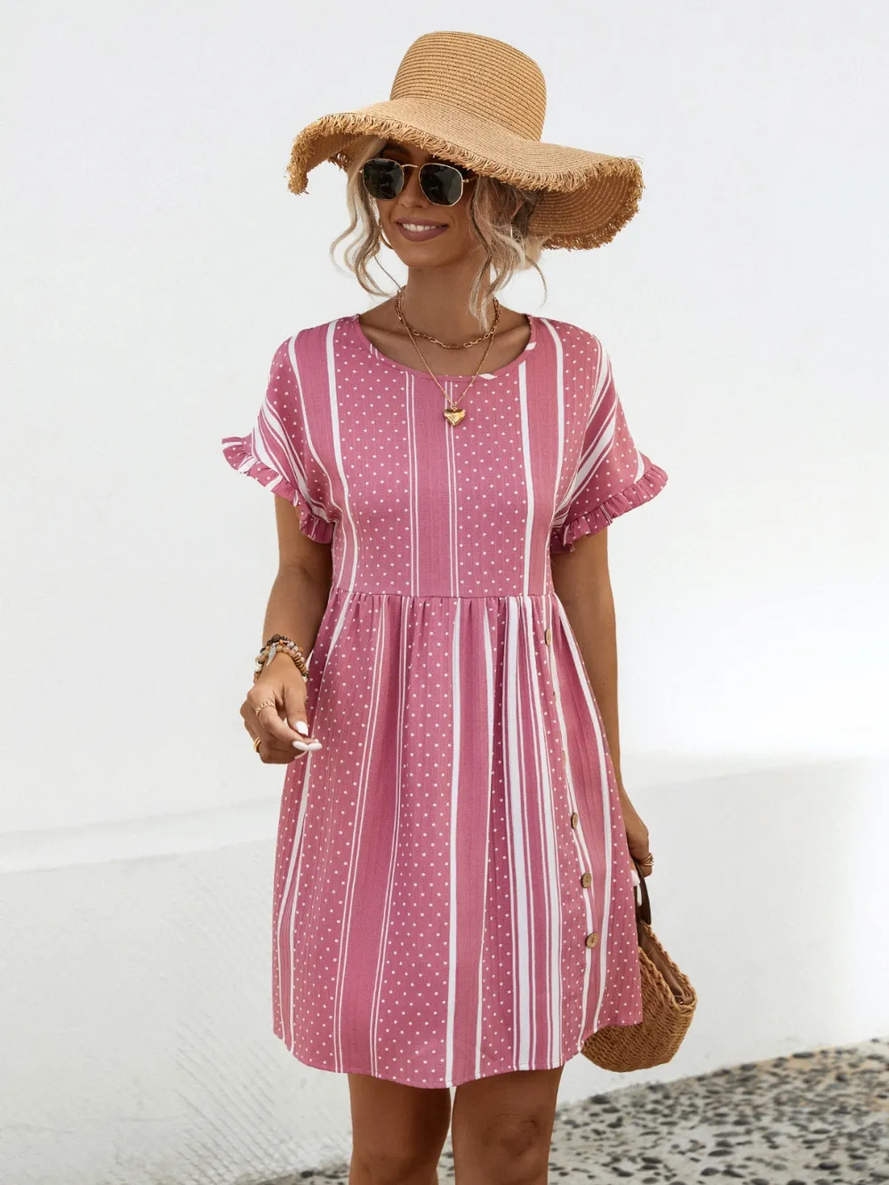 Striped Polka Dot Frill Short Sleeve Mini Dress, image 12