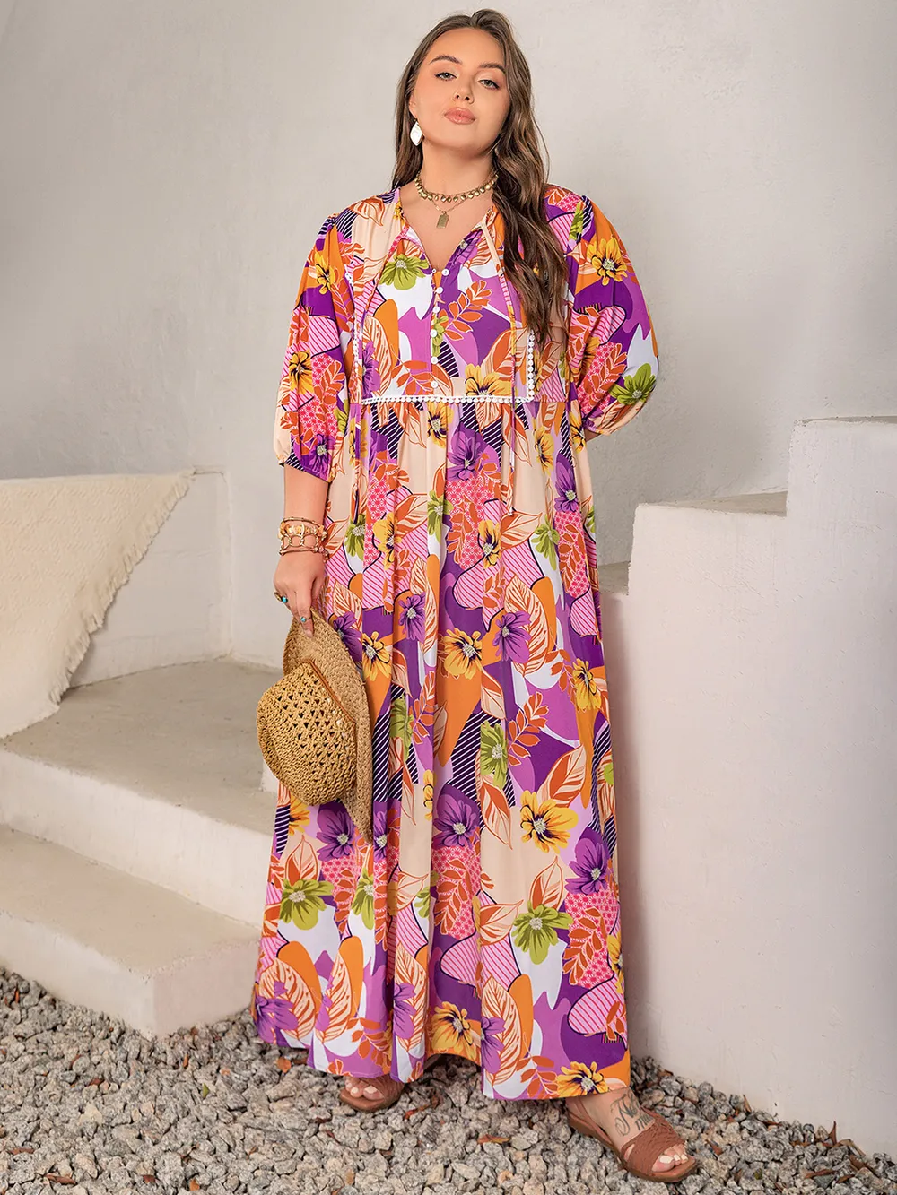 Plus Size Printed Tie Neck Maxi Dress, image 7
