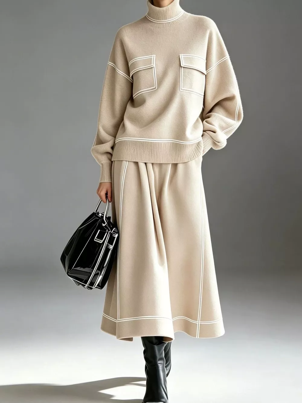 Turtleneck Knit Top and Midi Skirt Set, image 5