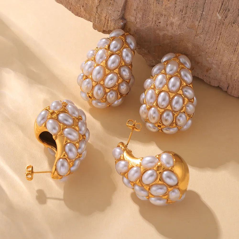 Titanium Steel Inlaid Imitation Pearl Earrings, image 3