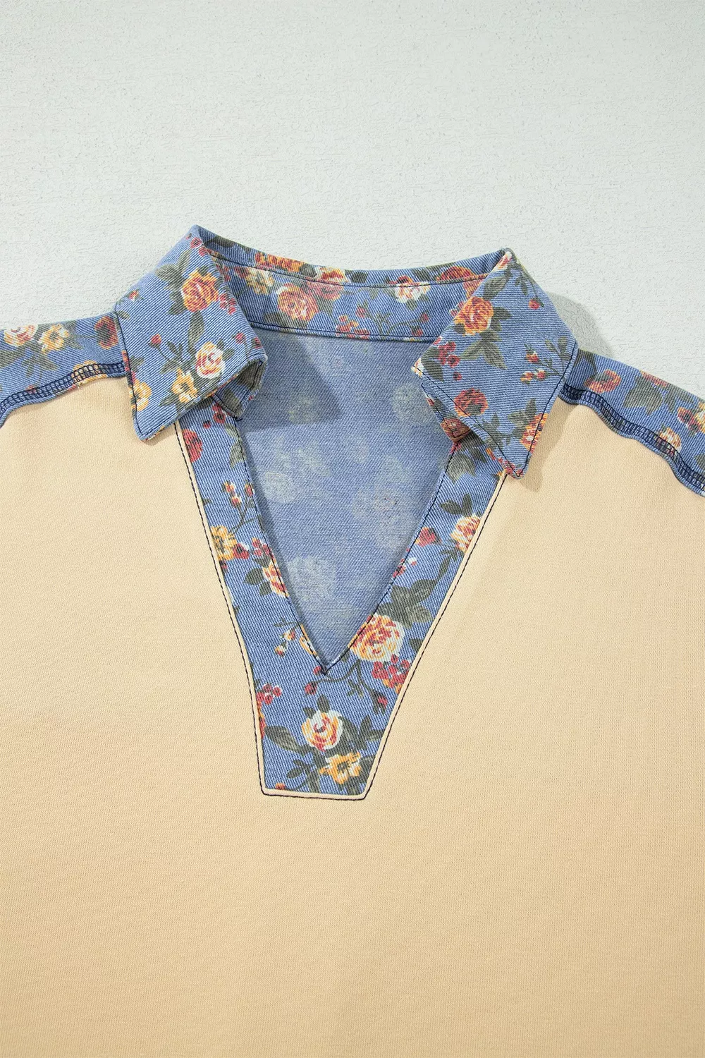 Floral Denim Patchwork Collar V Neck Long Sleeve Pullover Top, image 8