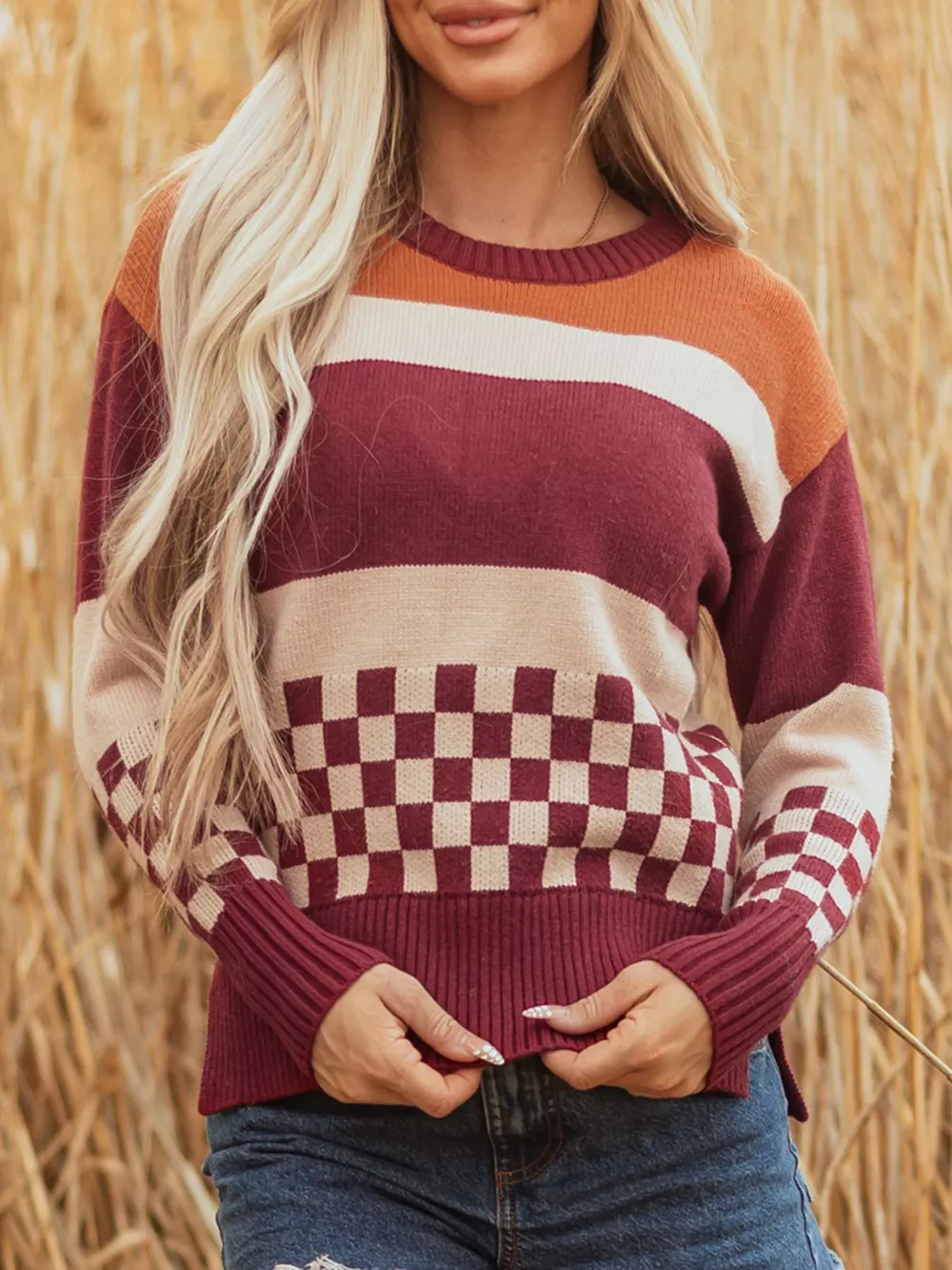 Checkered Color Block Knitted Drop Shoulder Sweater, image 3