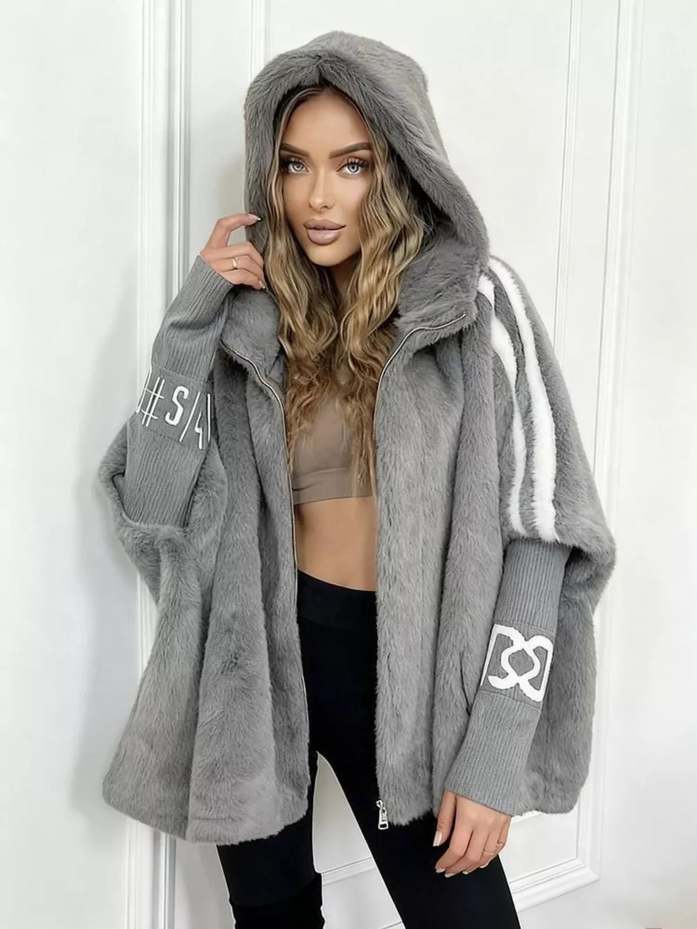 Hooded Faux Fur Striped Trim Outerwear, image 10