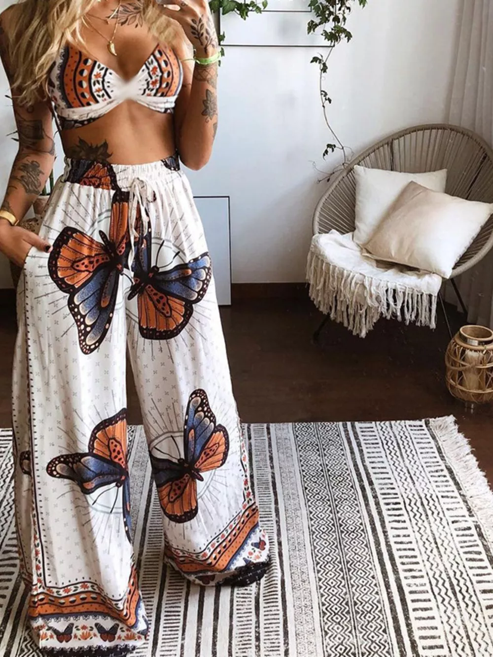 Boho Butterfly Print Top and Pants Set, image 11