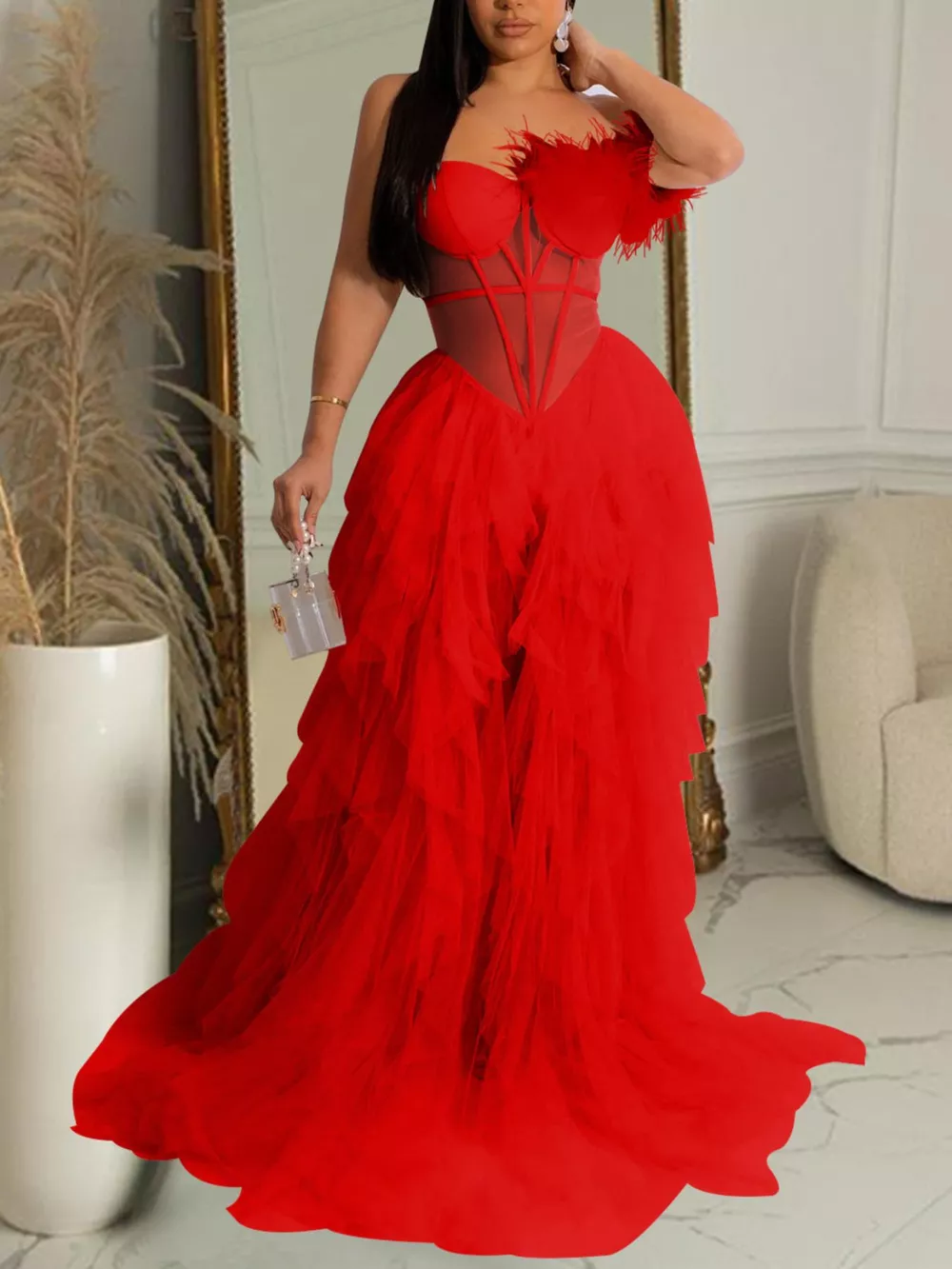 Feathered Corset Tulle Evening Dress, image 2