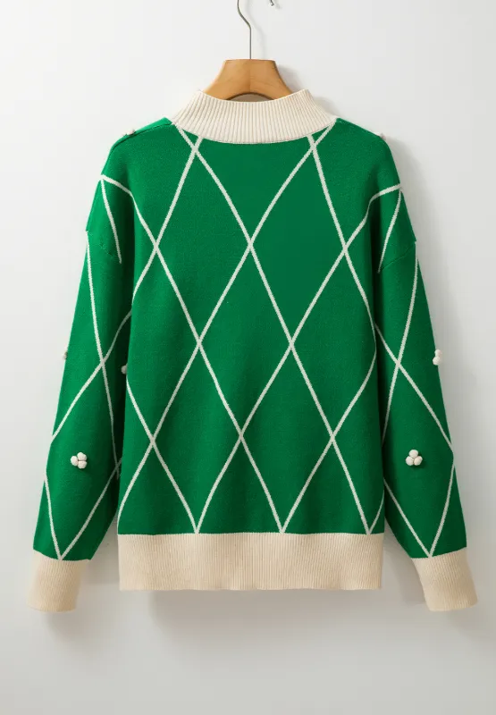 Diamond Pattern Contrast Trim Mock Neck Sweater, image 12