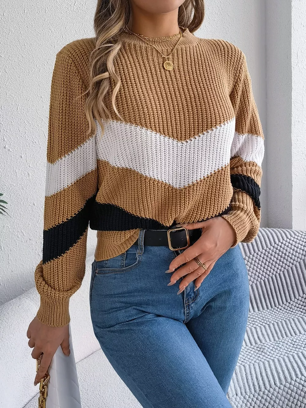 Chevron Stripe Color Block Round Neck Sweater, image 19
