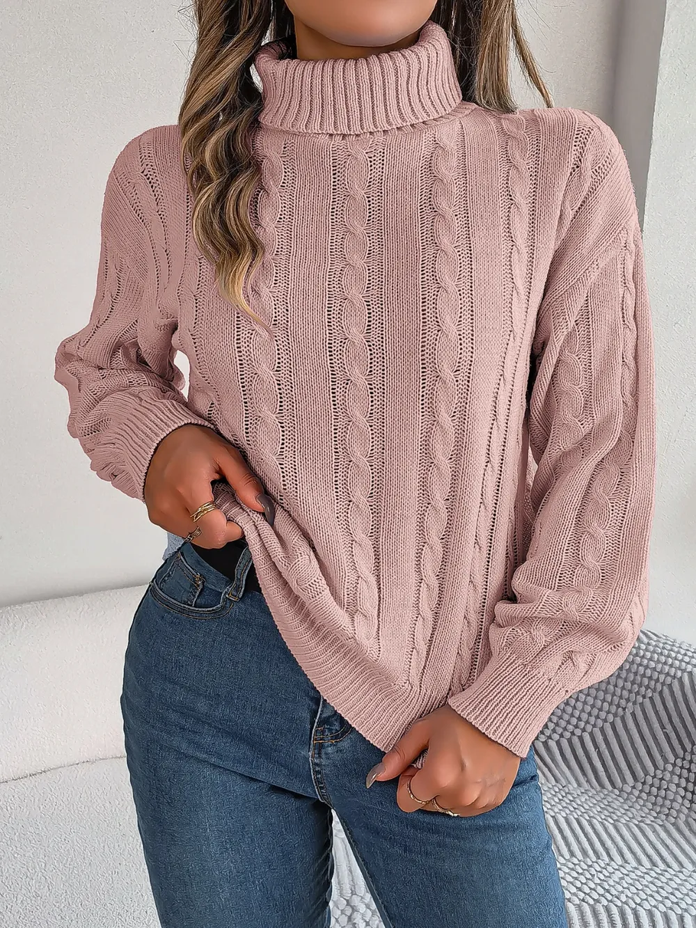 Cable-Knit Turtleneck Dropped Shoulder Sweater, image 2