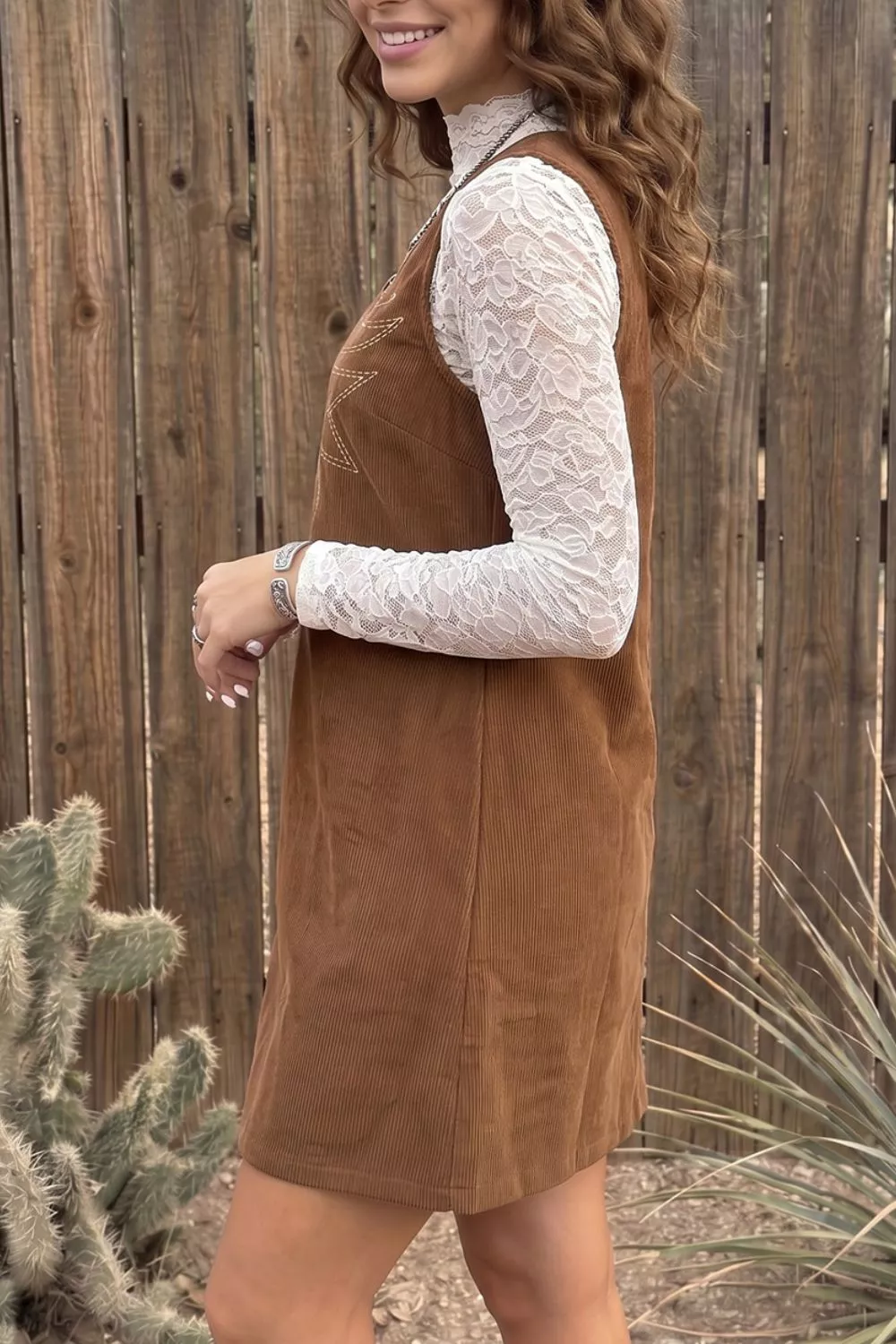 Geometric Embroidery Sleeveless Corduroy Shift Dress, image 4