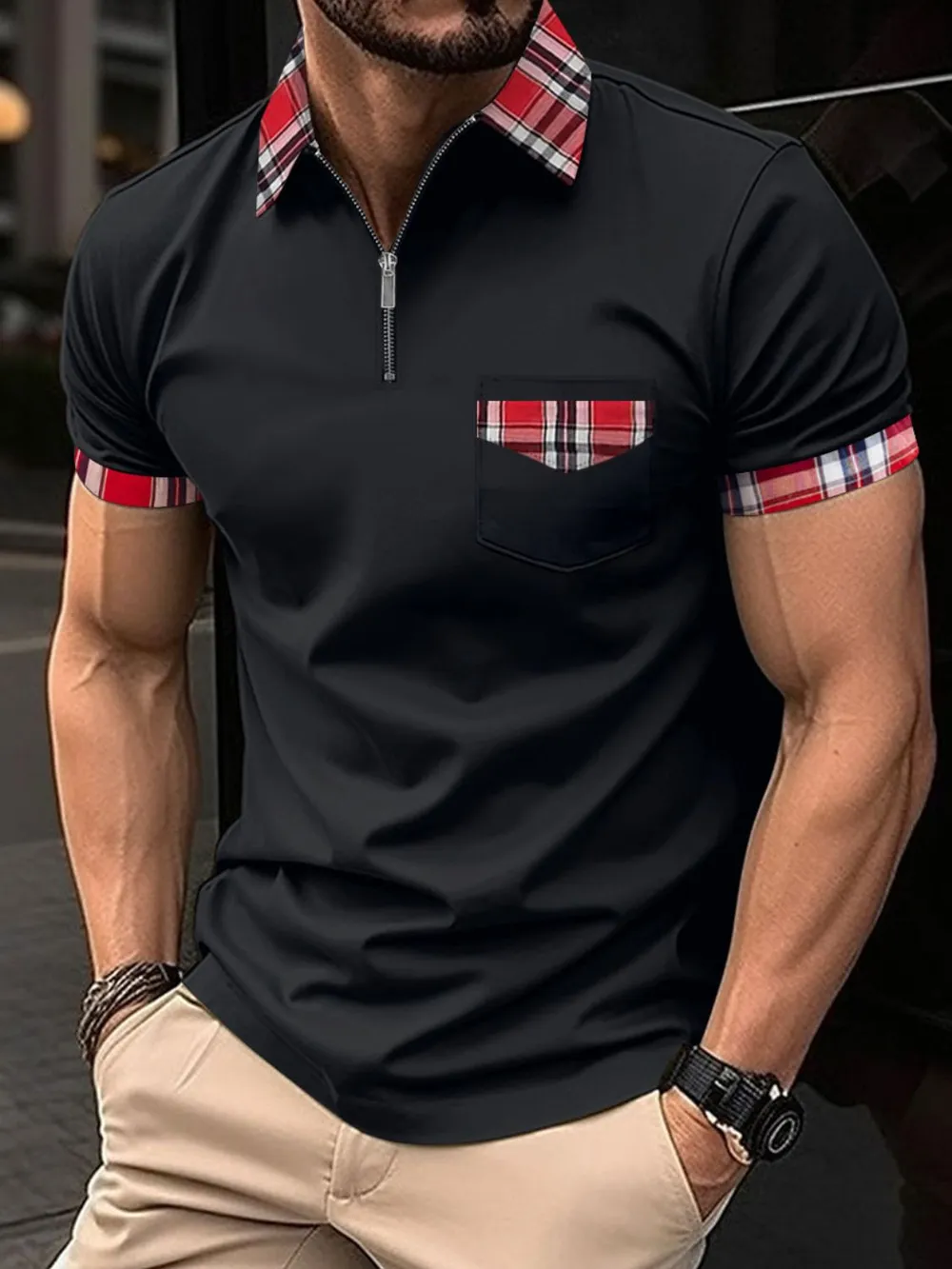 Men's Full Size Zip Collar Short Sleeve Polo Plus Size