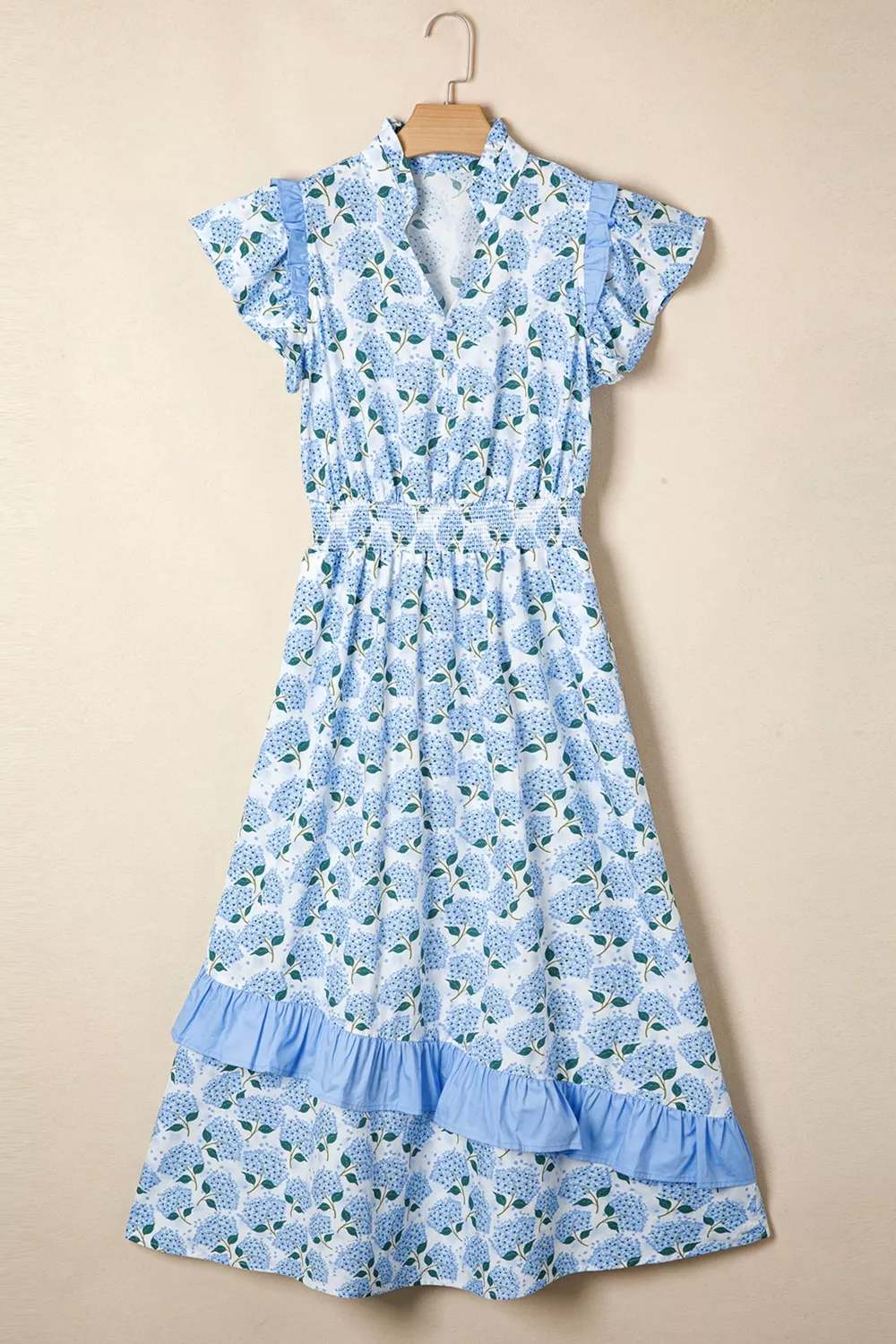 Hydrangea Floral Print Ruffle Trim Flutter Sleeve Dress, image 6