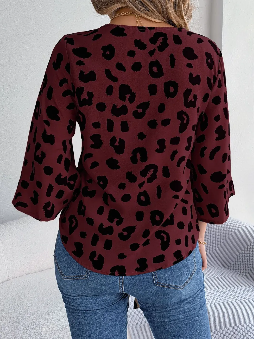 Tied Button Up Leopard V-Neck Blouse, image 14