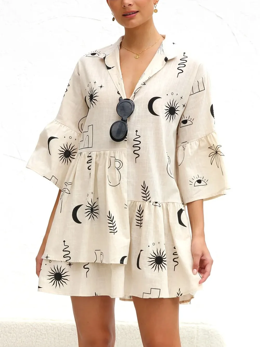 Printed Collared Neck Three-Quarter Sleeve Mini Dress, image 6