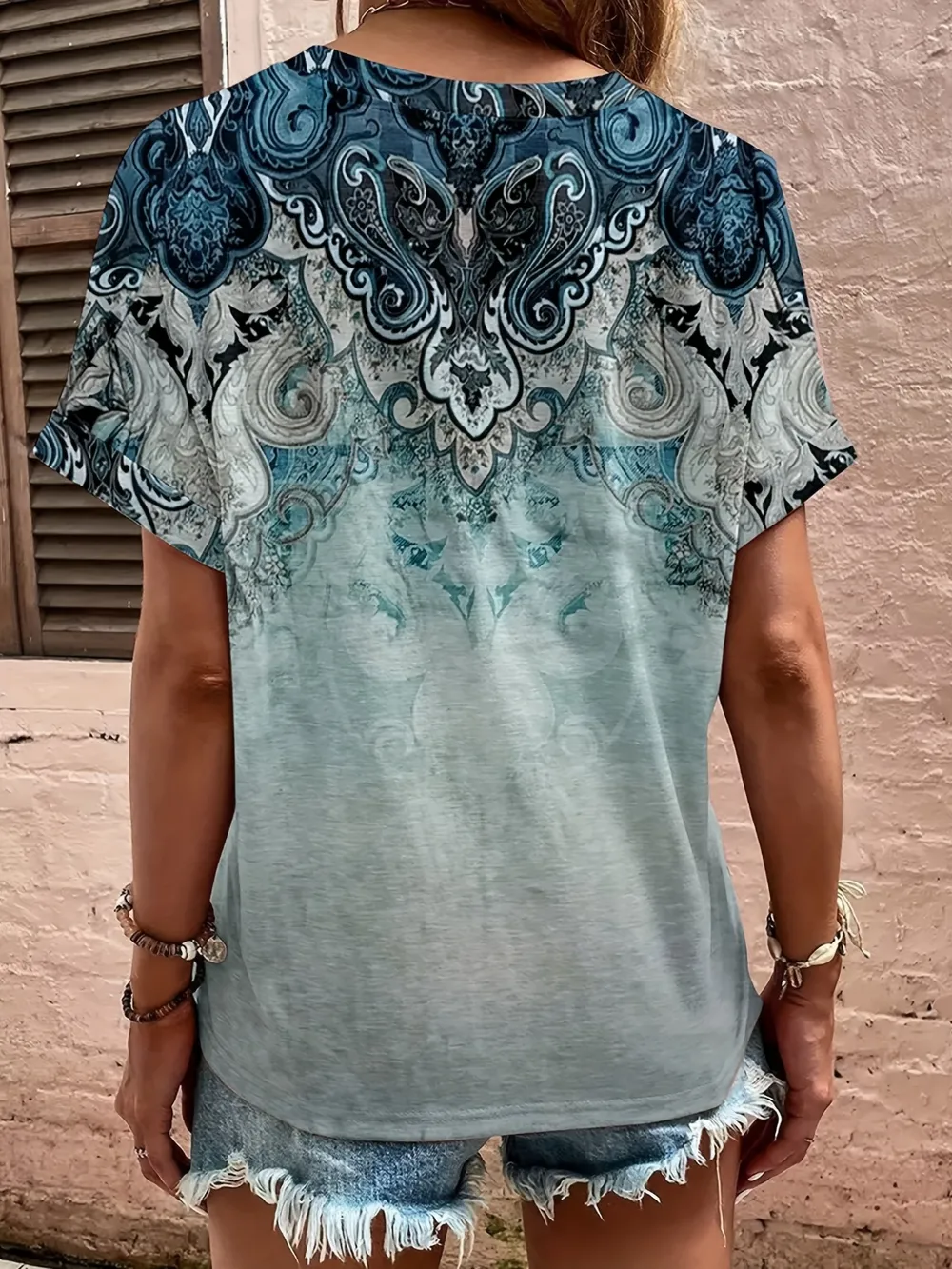 Full Size Printed Notched Short Sleeve Blouse, image 16