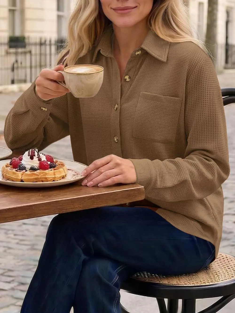Waffle Knit Button-Down Long Sleeve Shirt, image 9