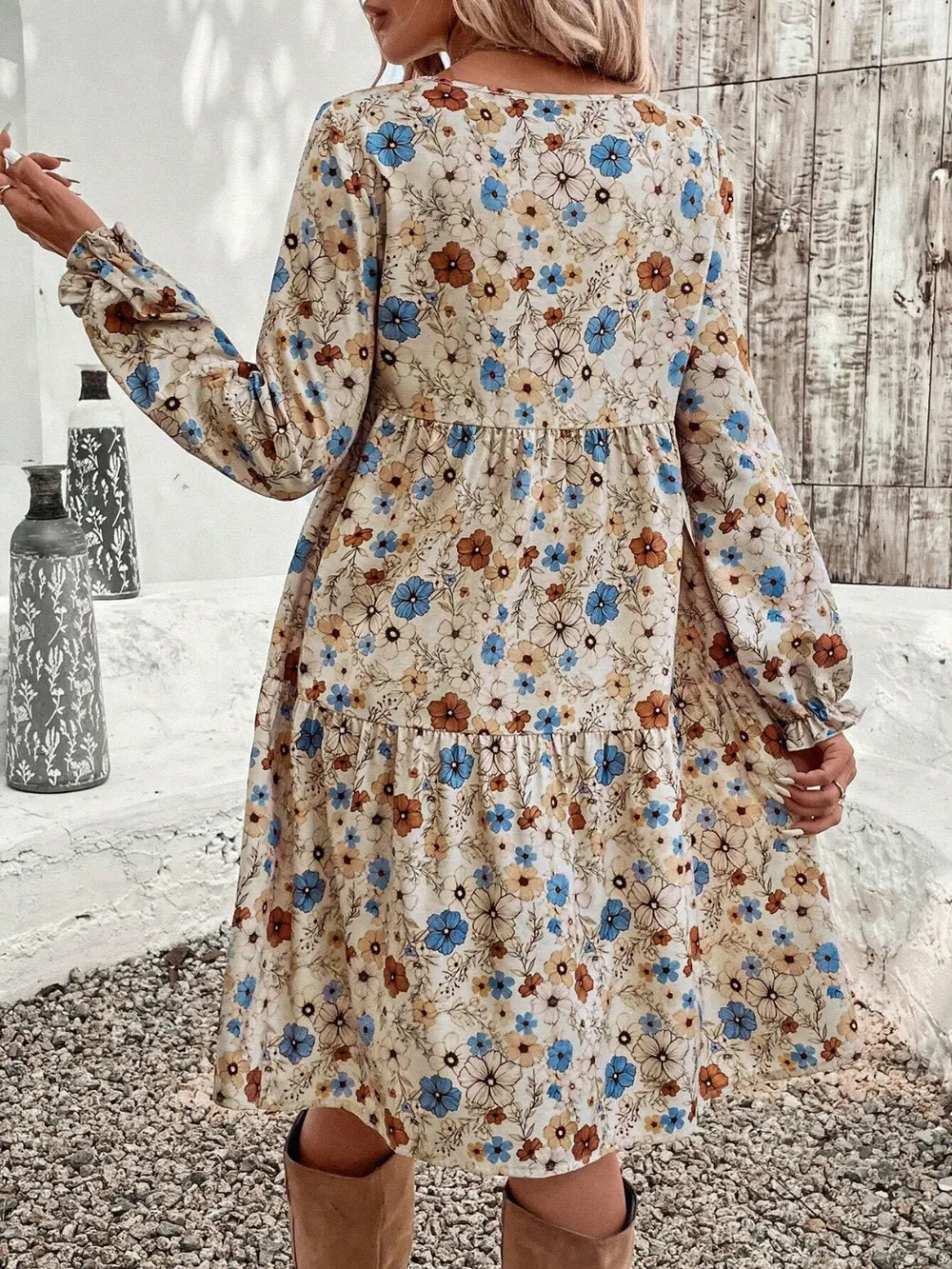 Tiered Floral Round Neck Long Sleeve Dress, image 3