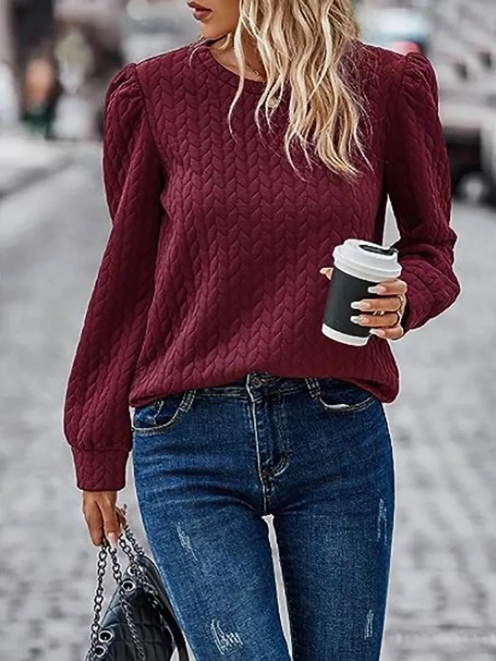 Textured Round Neck Long Sleeve Sweatshirt, image 11
