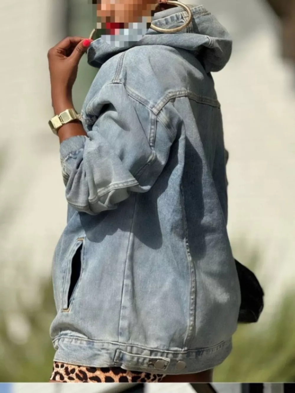 Oversized Washed Denim Hoodie with Front Pocket, image 2